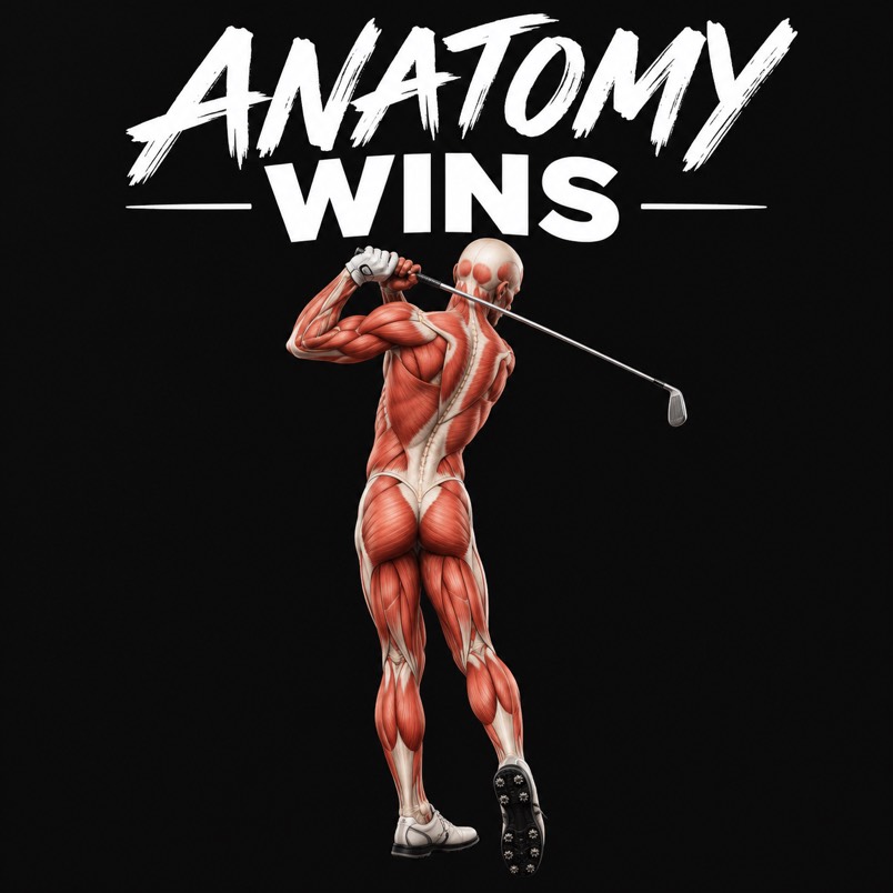 Anatomy Wins — muscular illustration of a golfer at the top of the swing